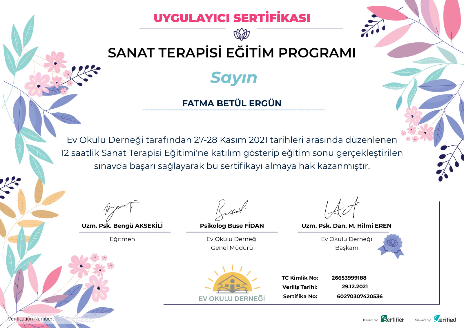 Sanat Terapisi Eğitim Programı, 12 saat sertifikası
