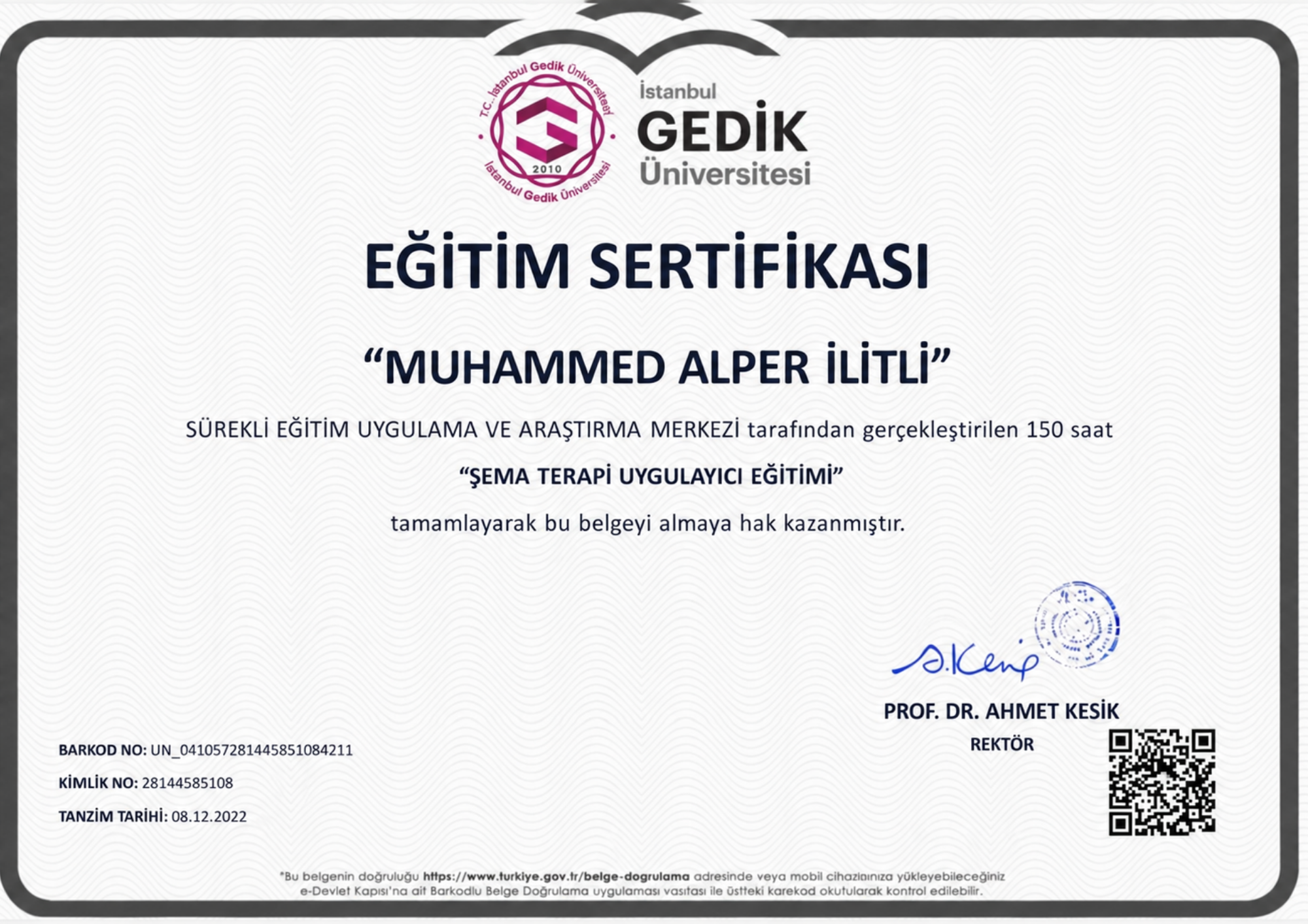 Şema Terapi Eğitimi sertifikası
