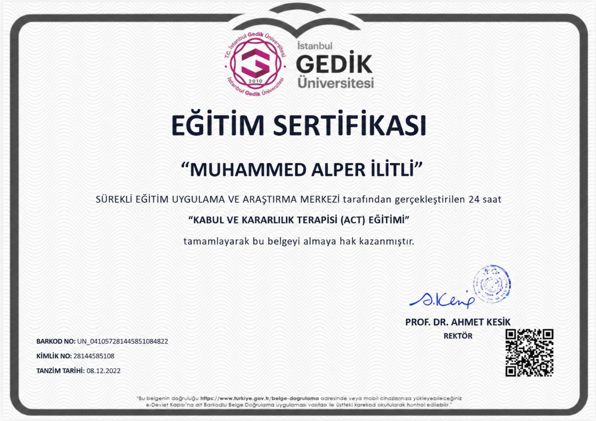 Kabul ve Kararlılık Terapisi sertifikası