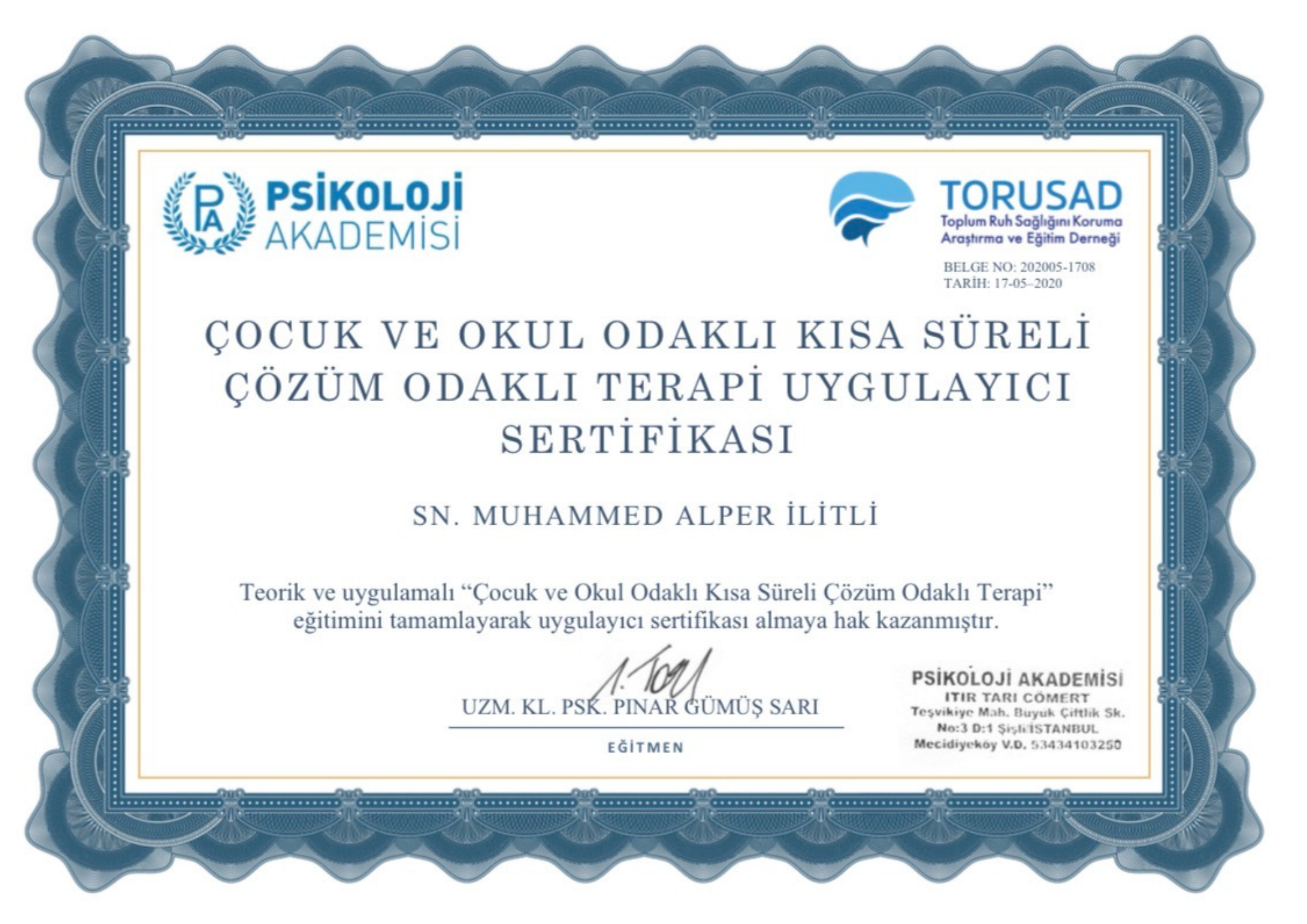 Çocuk ve Okul Odaklı Kısa Süreli Çözüm Odaklı Terapi sertifikası