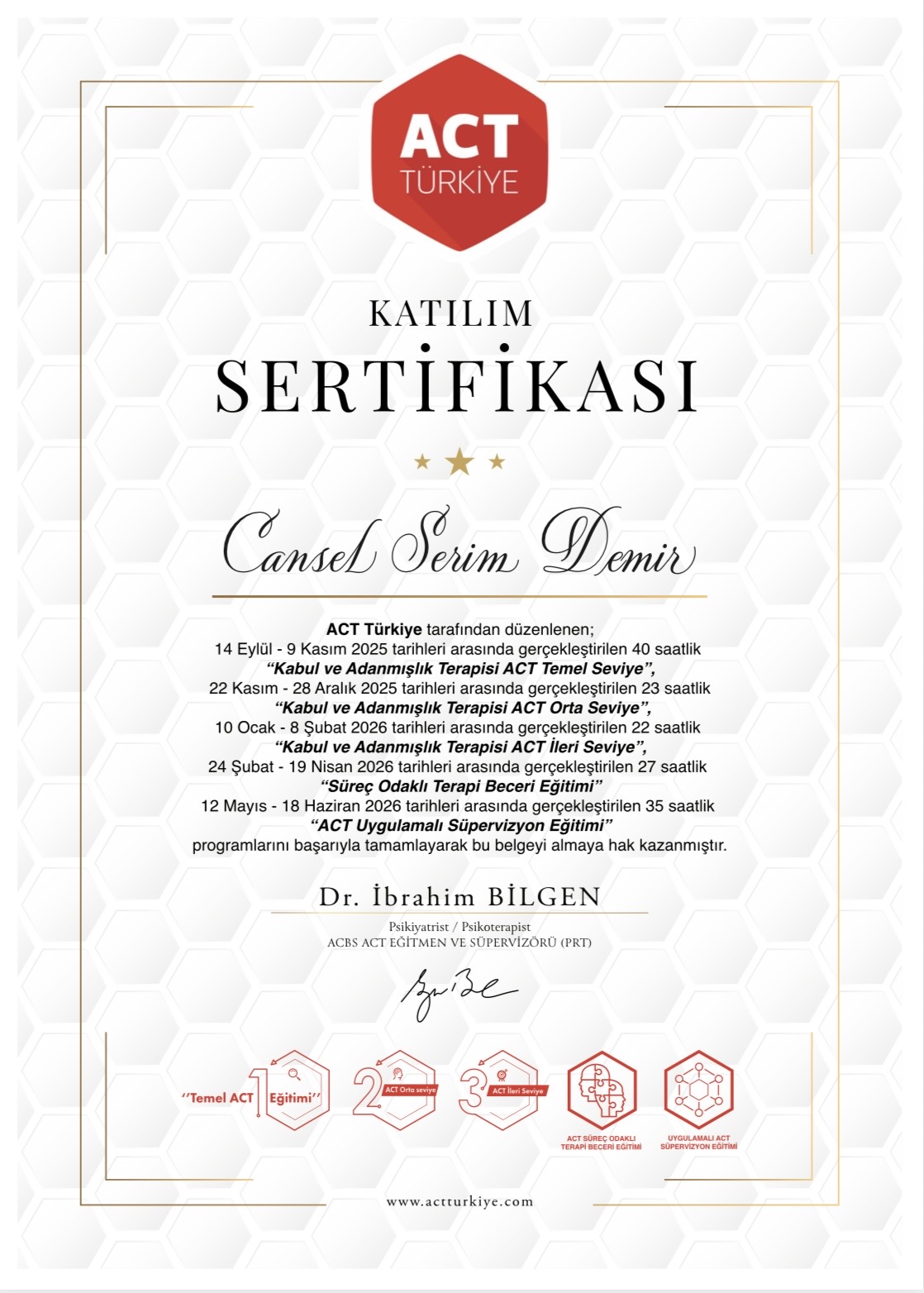 Kabul ve Adanmışlık Terapisi sertifikası