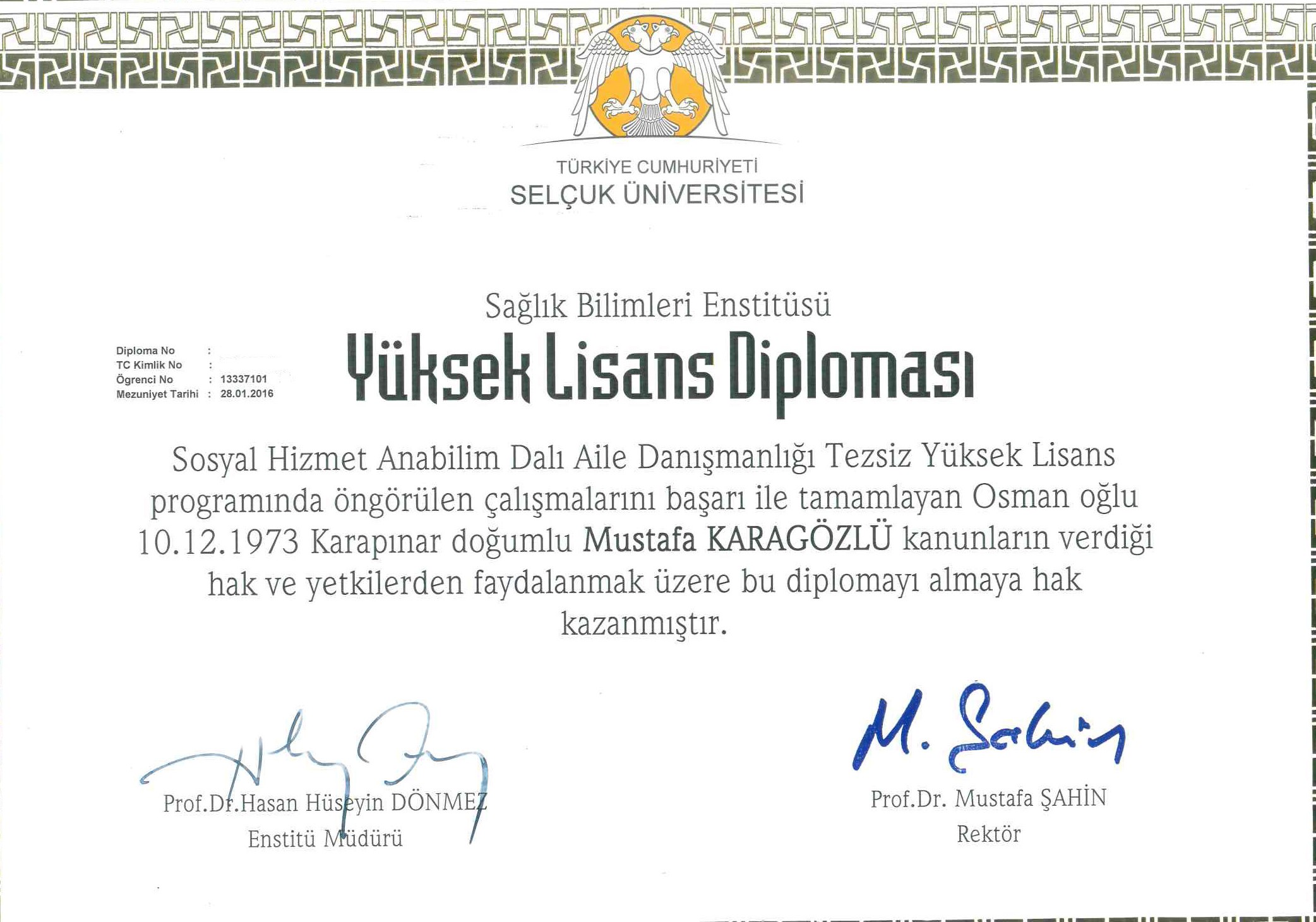 YÜKSEK LİSANS DİPLOMA sertifikası