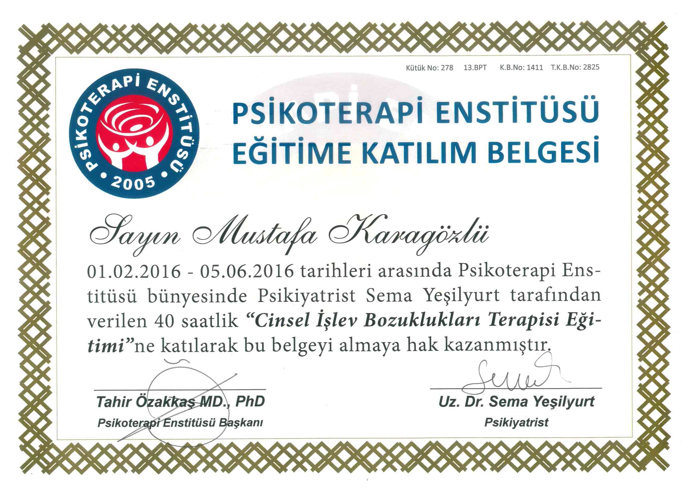 PSİKOTERAPİ ENSTİTÜSÜ EĞİTİME KATILIM BELGESİ 1 sertifikası