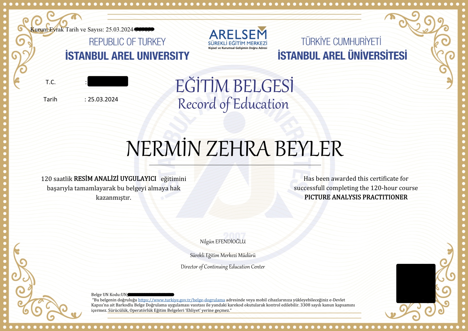 Resim Analizi Uygulayıcı Eğitimi sertifikası