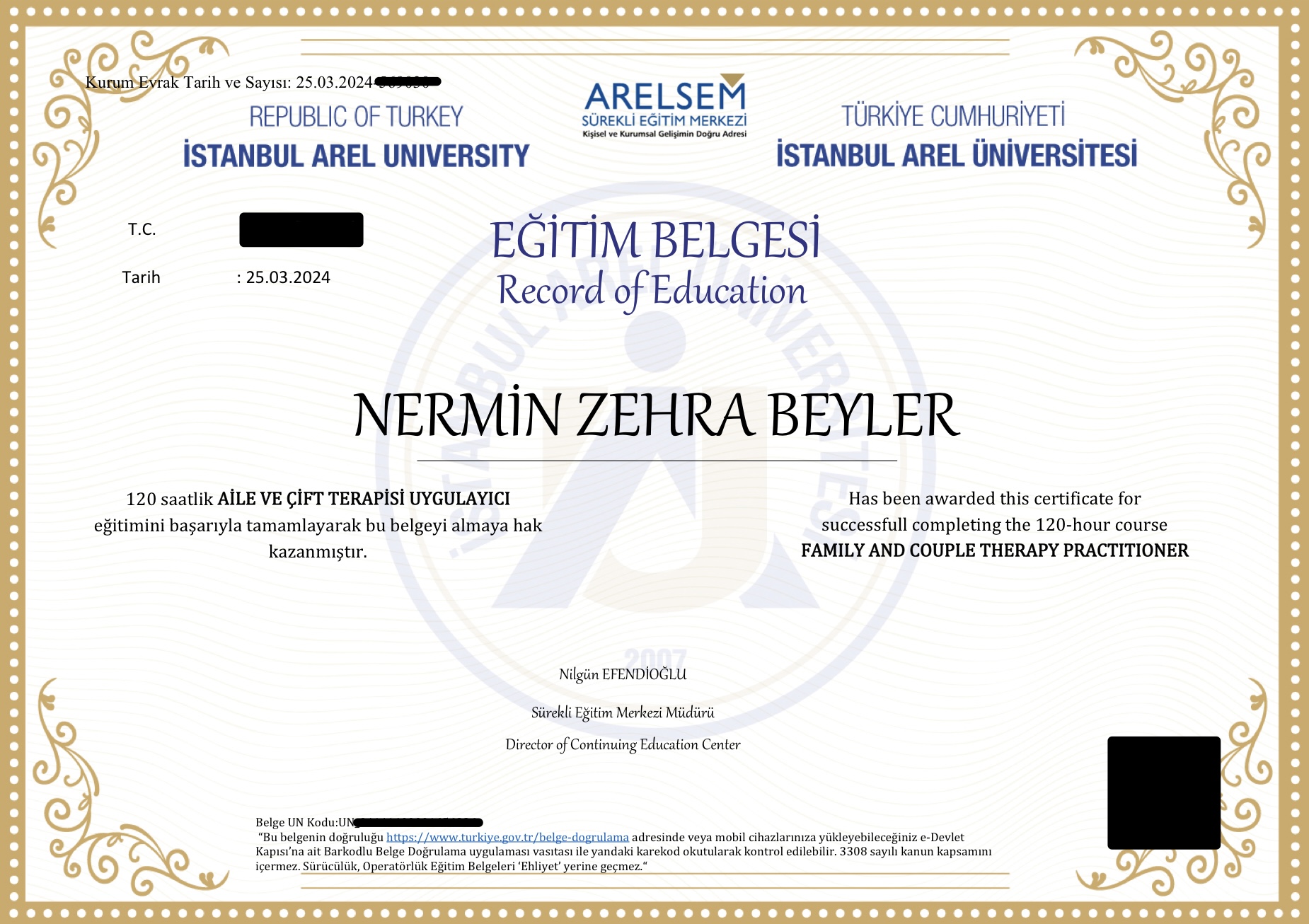 Aile ve Çift Terapisi Uygulayıcı Eğitimi sertifikası