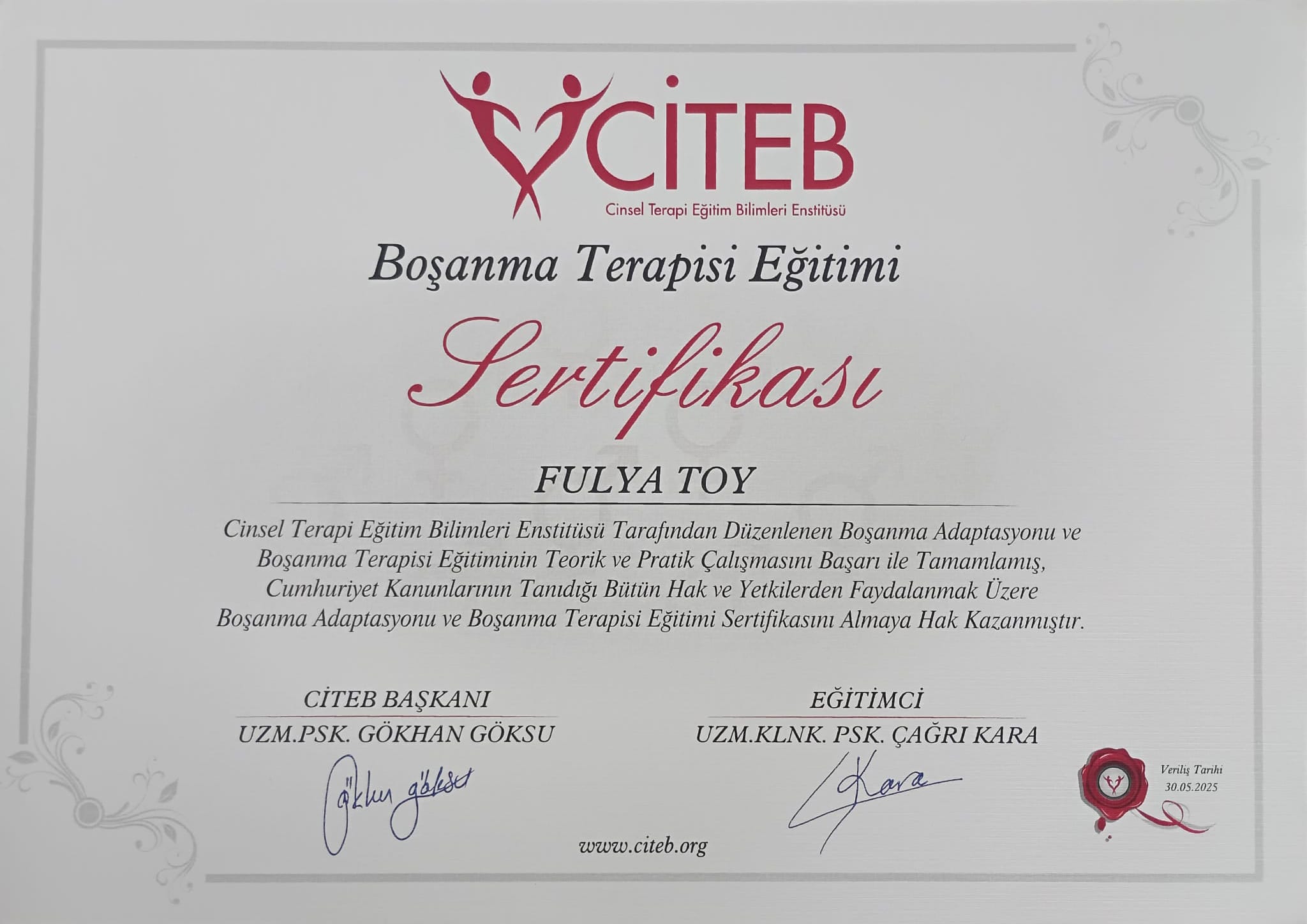 Boşanma Terapisi Eğitimi Sertifikası sertifikası