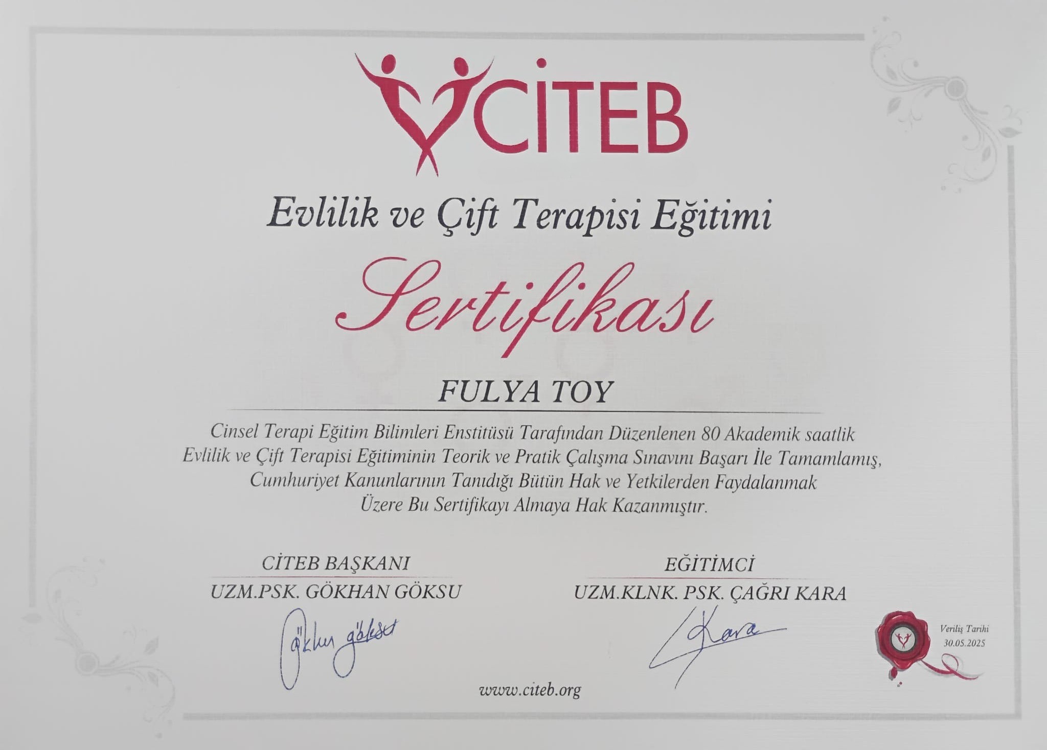 Evlilik ve Çift Terapisi Eğitimi sertifikası