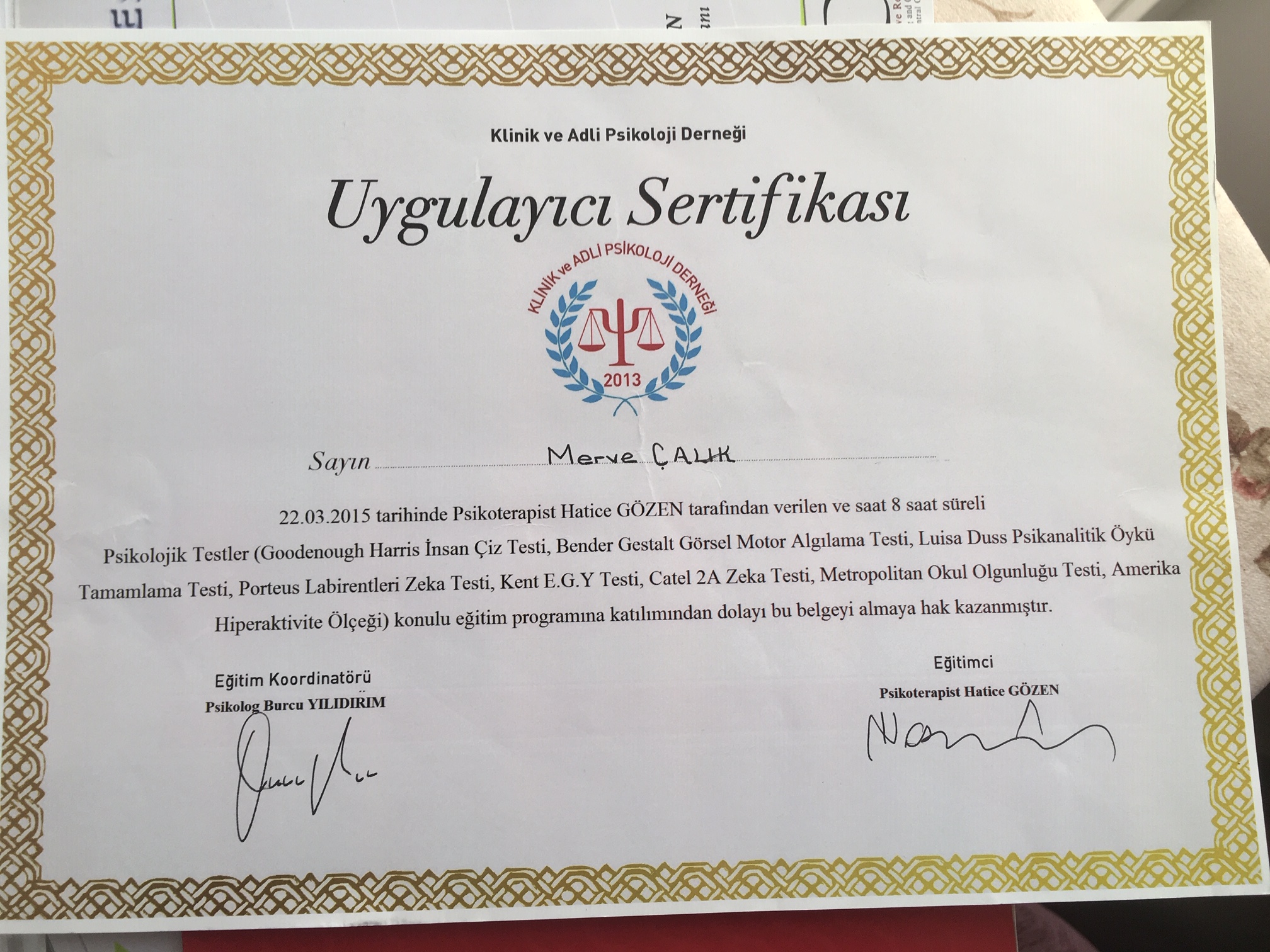 Psikolojik Testler sertifikası