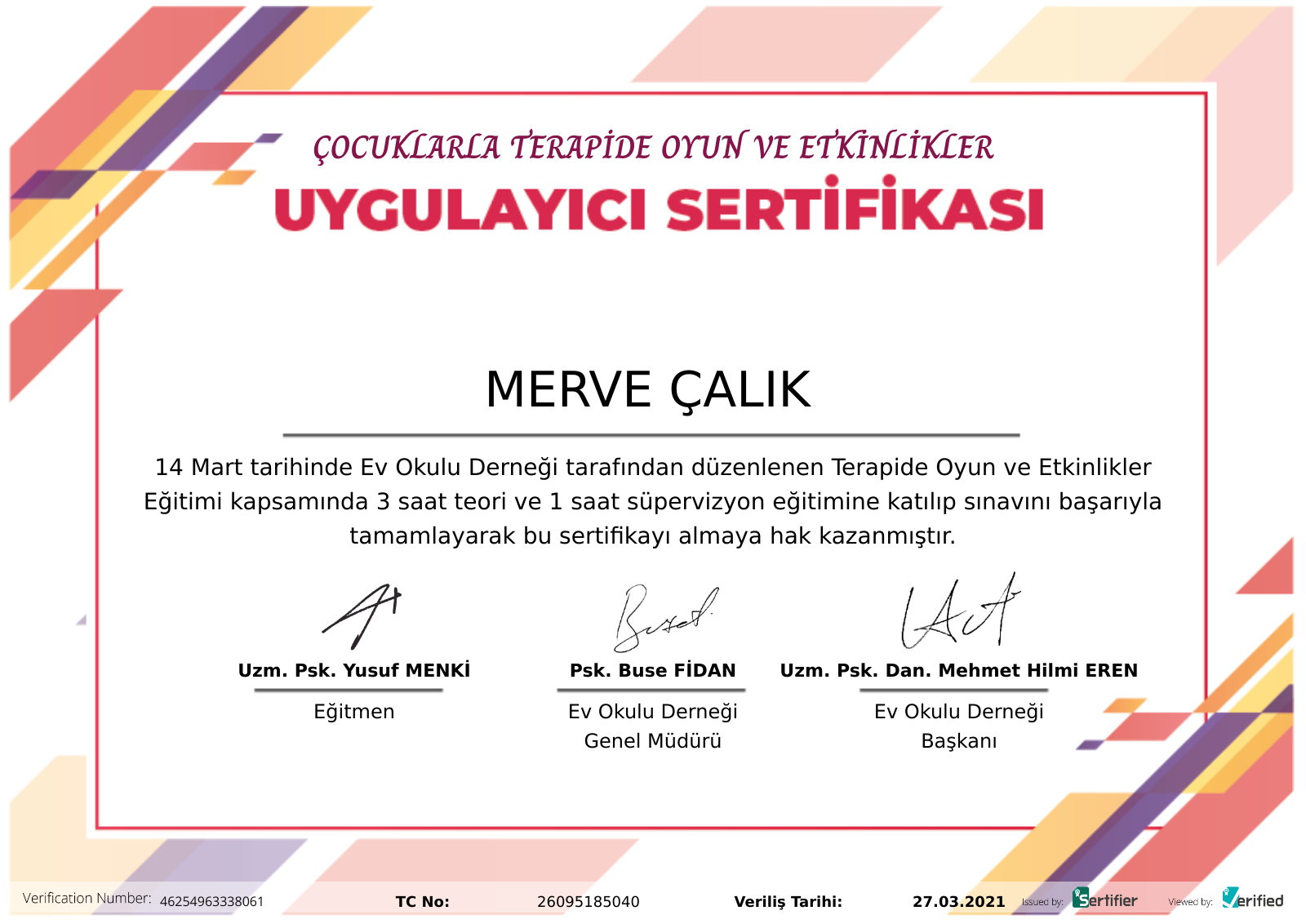 Çocuklarla Terapide Oyun ve Etkinlikler sertifikası