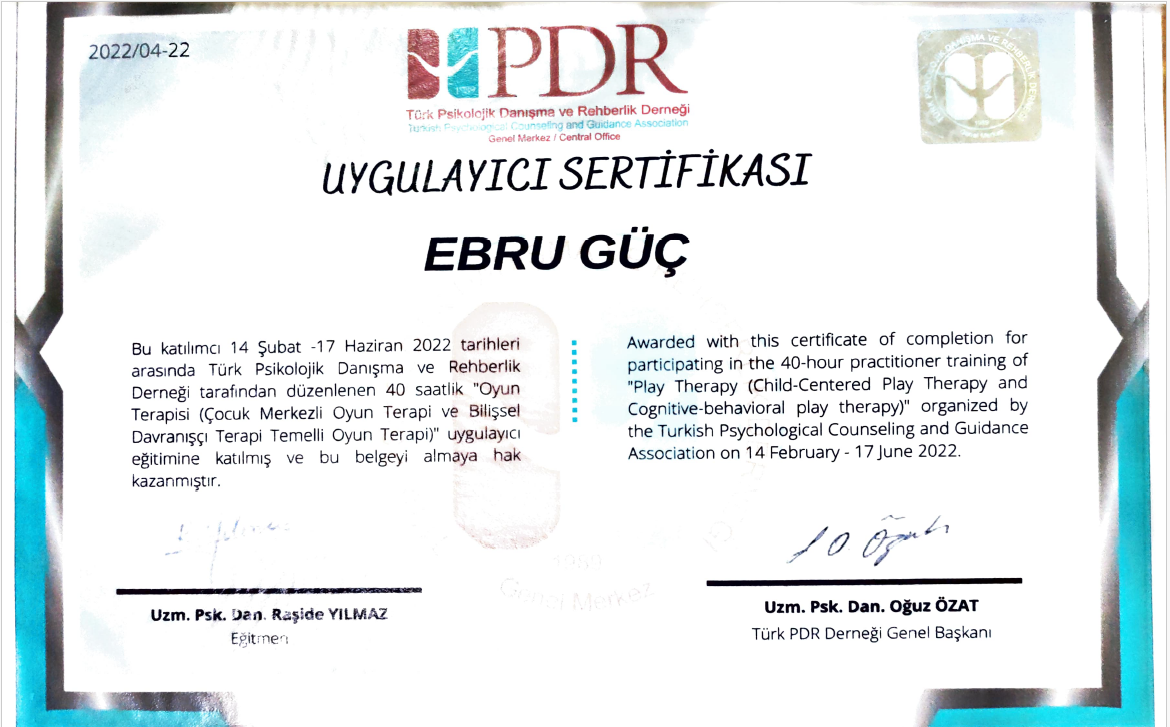 Oyun Terapisi Uygulayıcı Eğitimi sertifikası