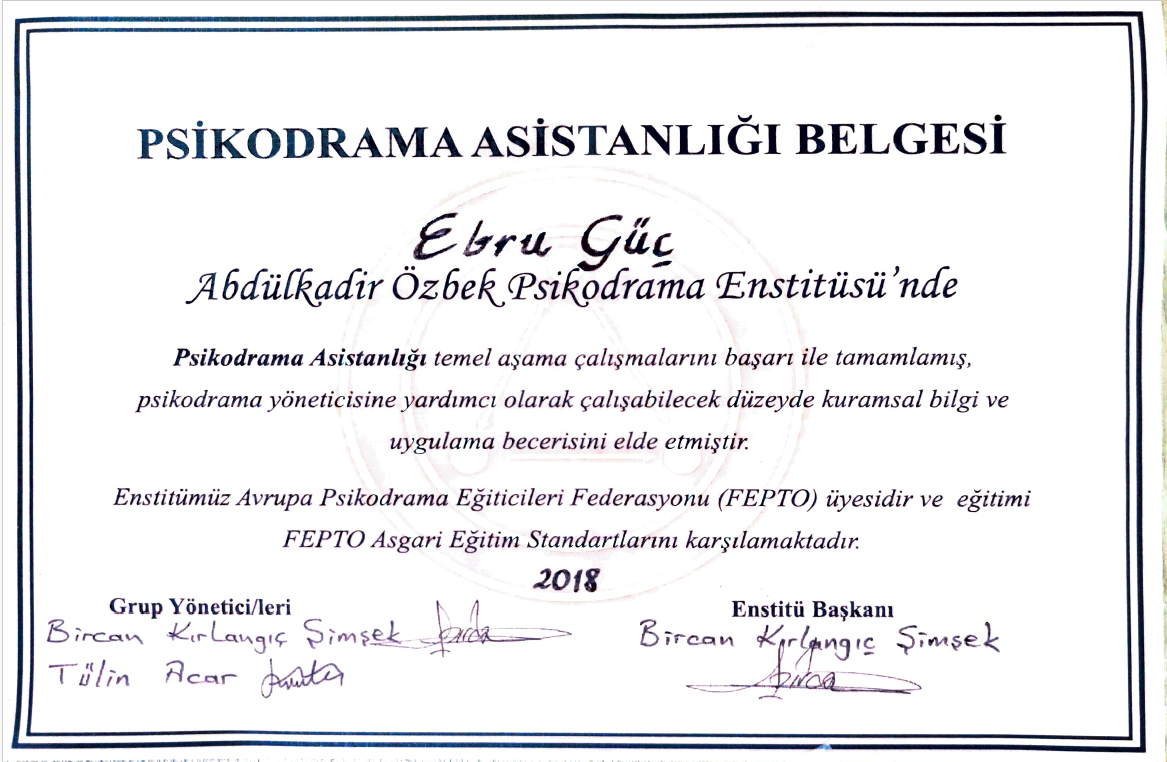 Psikodrama Eğitimi Temel Aşama sertifikası