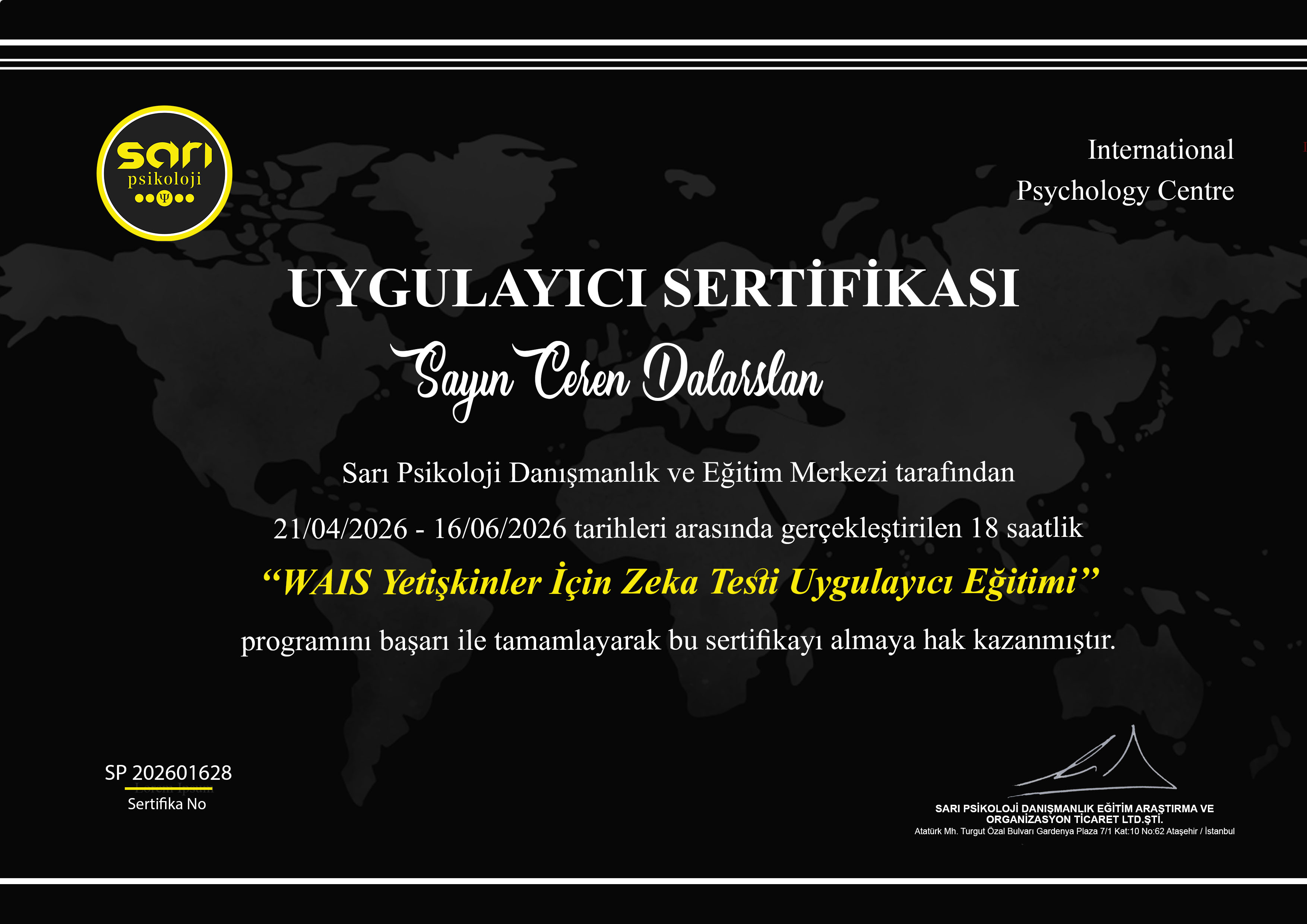 WAIS Yetişkin Zeka Testi sertifikası