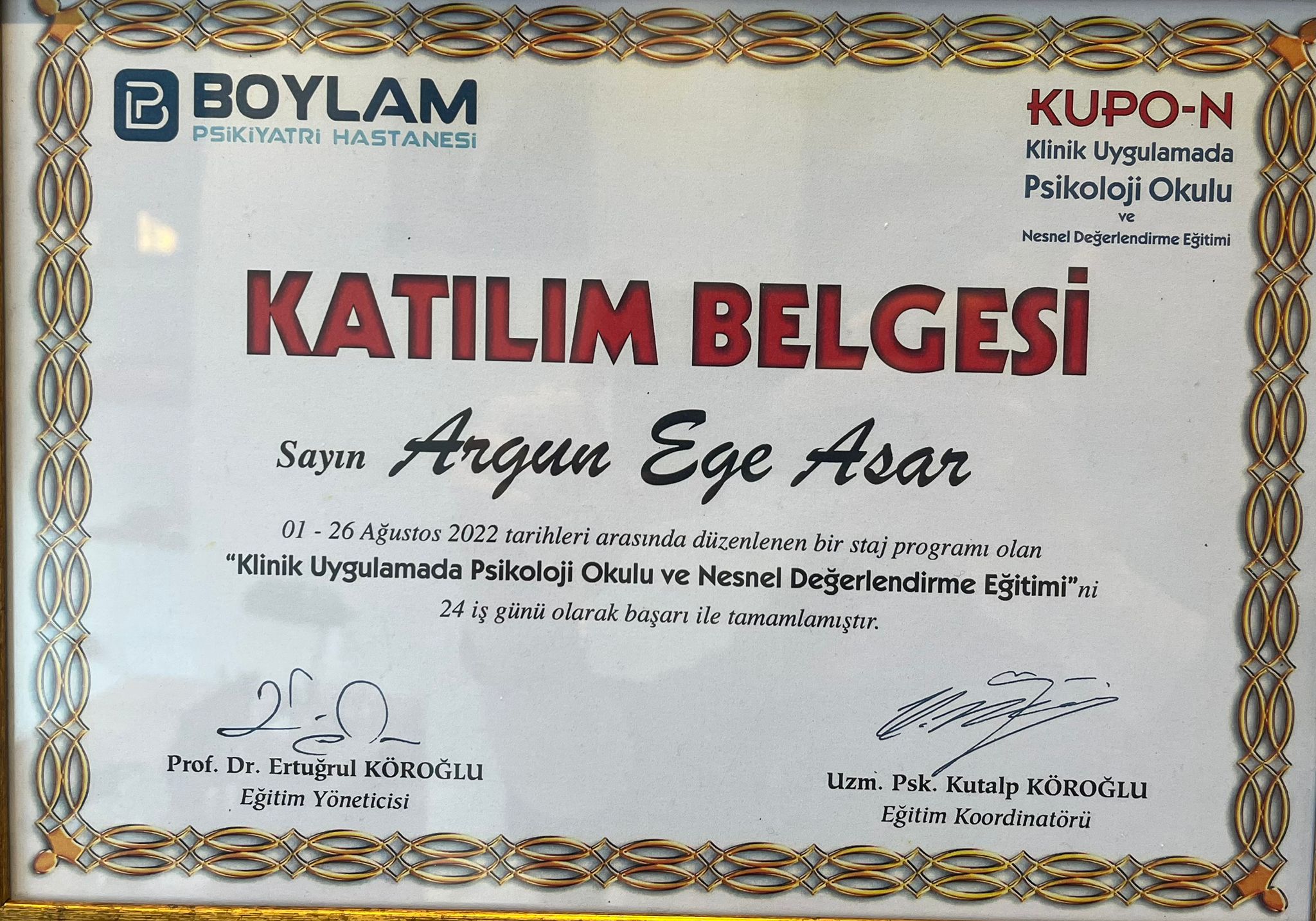 Klinik Uygulamada Psikoloji Okulu ve Nesnel Değerlendirme Eğitimi sertifikası