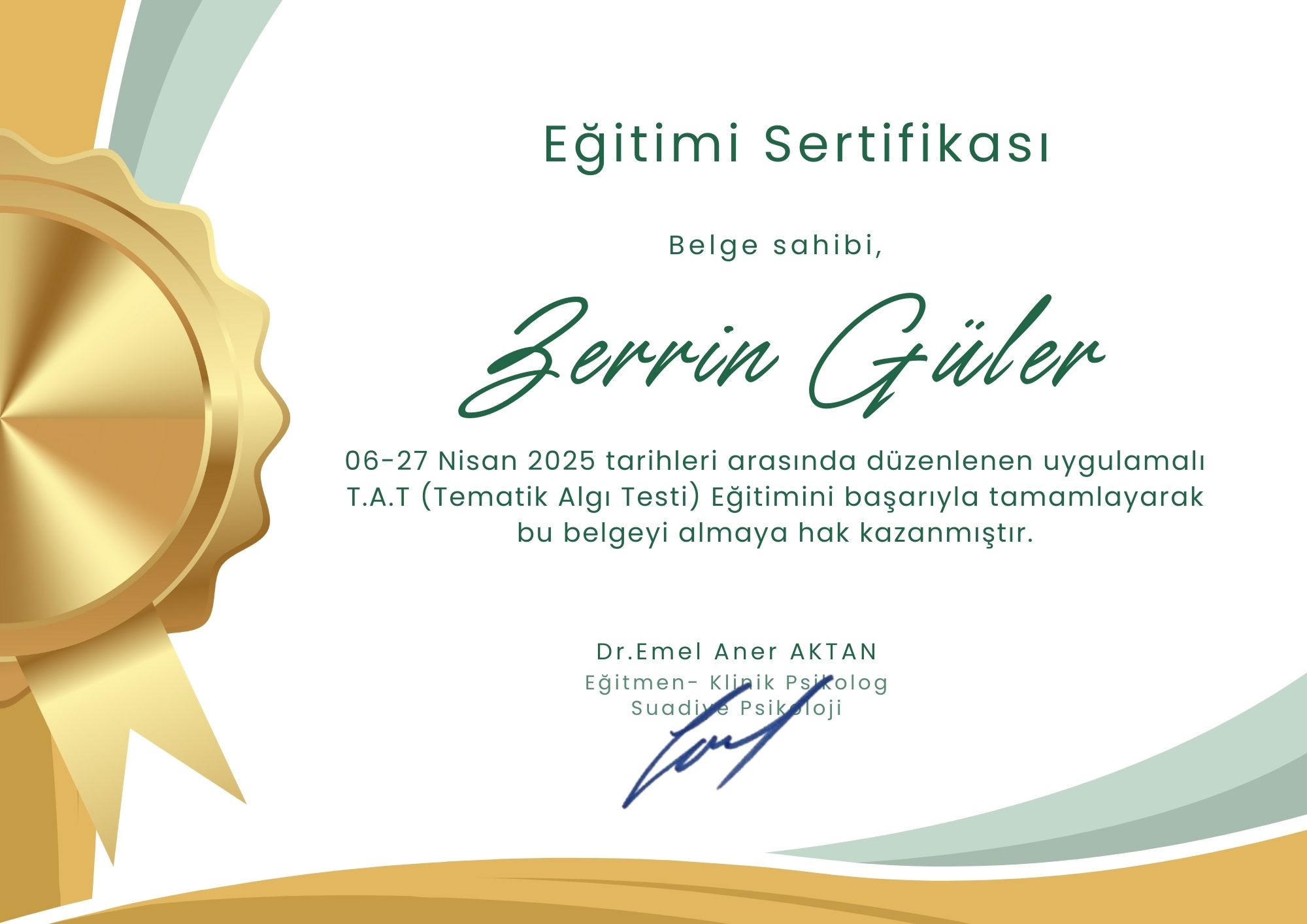 T.A.T. Tematik Algı Testi Uygulayıcısı sertifikası