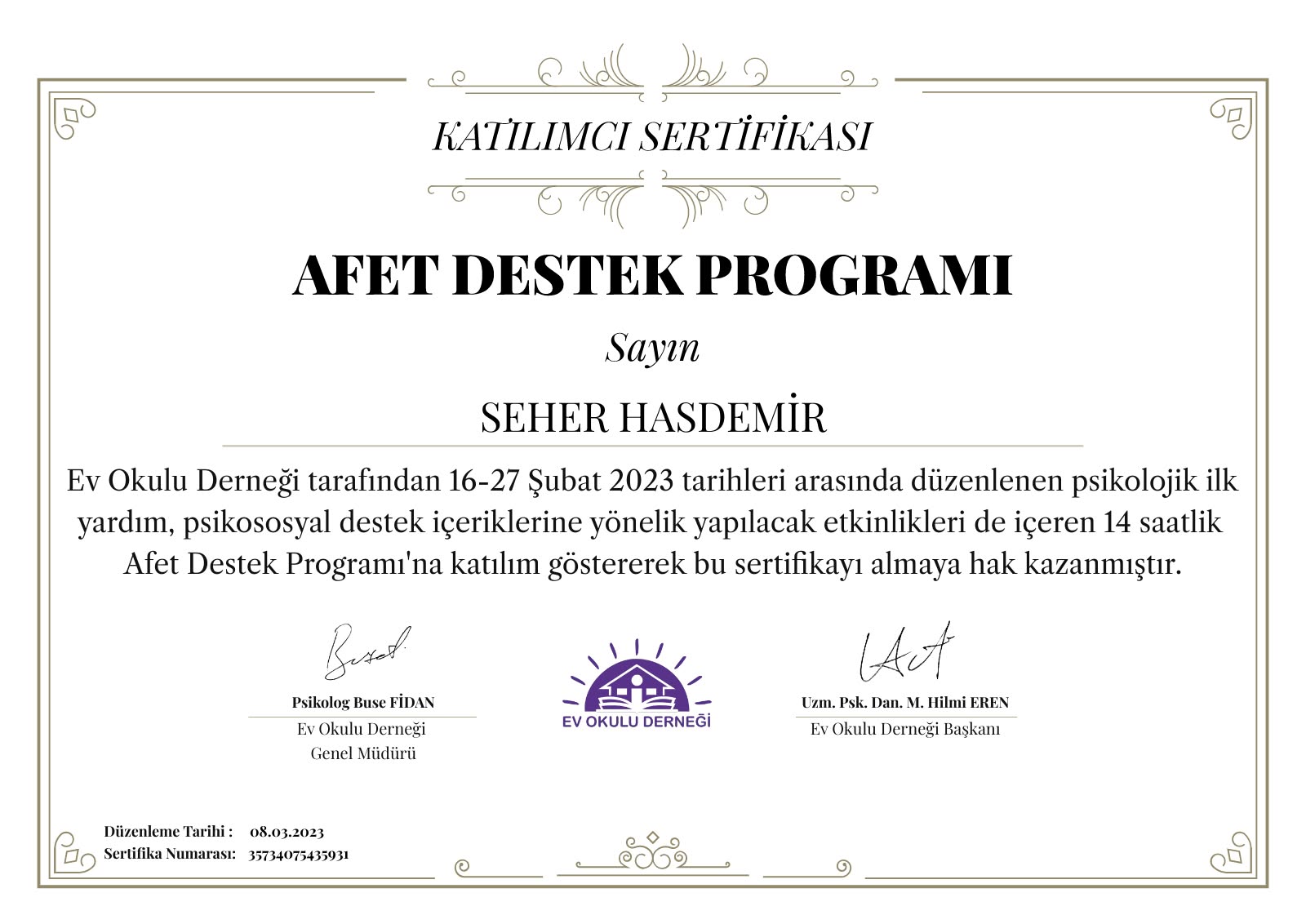 AFET DESTEK PROGRAMI sertifikası