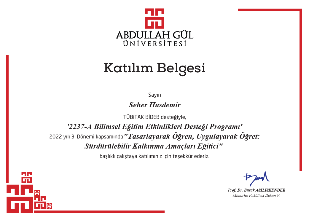 2237-A Bilimsel Eğitim Etkinlikleri Desteği Programı sertifikası