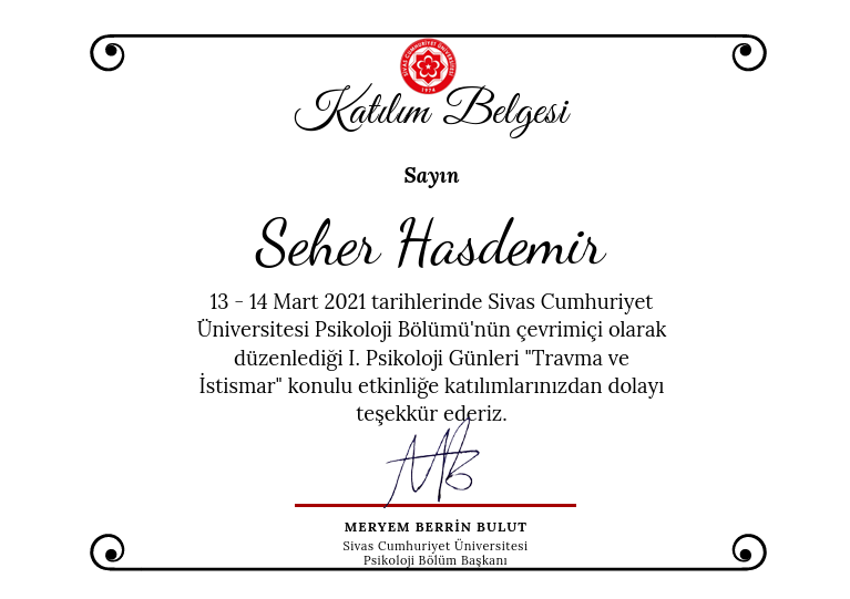 1. Psikoloji Günleri "Travma ve İstismar" sertifikası