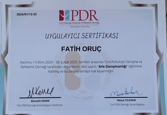 Aile Terapisi Sertifika Eğitimi sertifikası