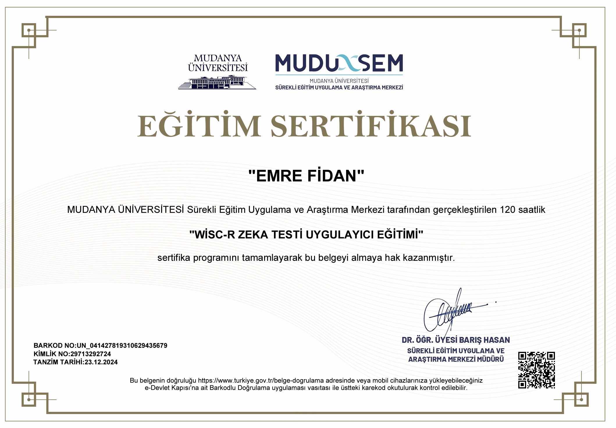 WISC-R ZEKA TESTİ UYGULAYICI EĞİTİMİ sertifikası