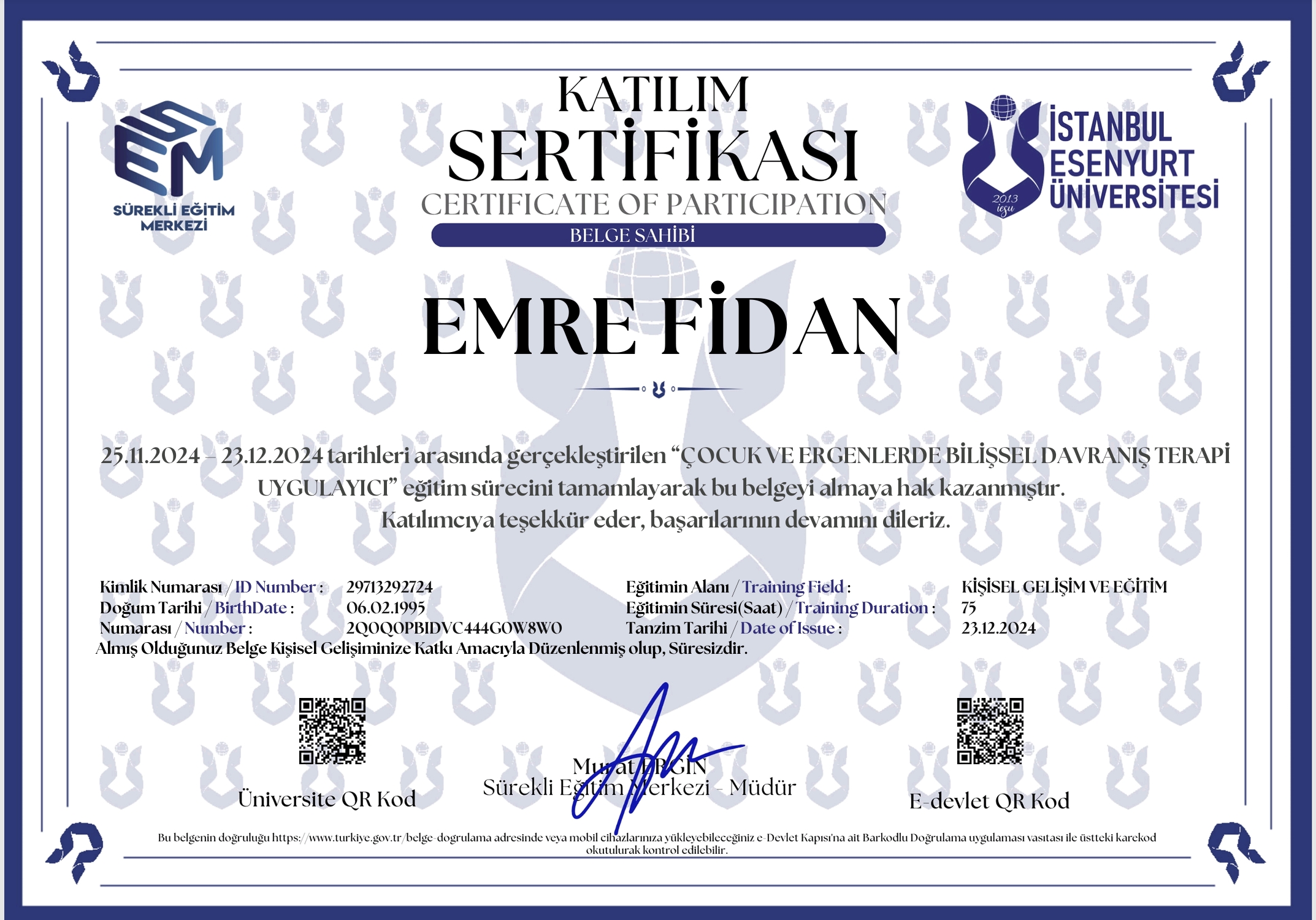 ÇOCUK VE ERGENLERDE BİLİŞSEL DAVRANIŞÇI TERAPİ UYGULAYICI EĞİTİMİ sertifikası