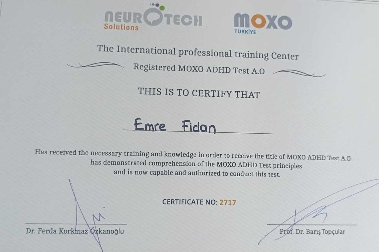 MOXO DİKKAT TESTİ sertifikası