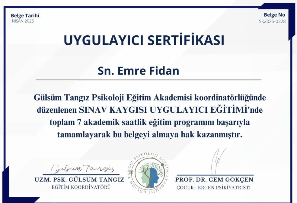 SINAV KAYGISI UYGULAYICI EĞİTİMİ sertifikası