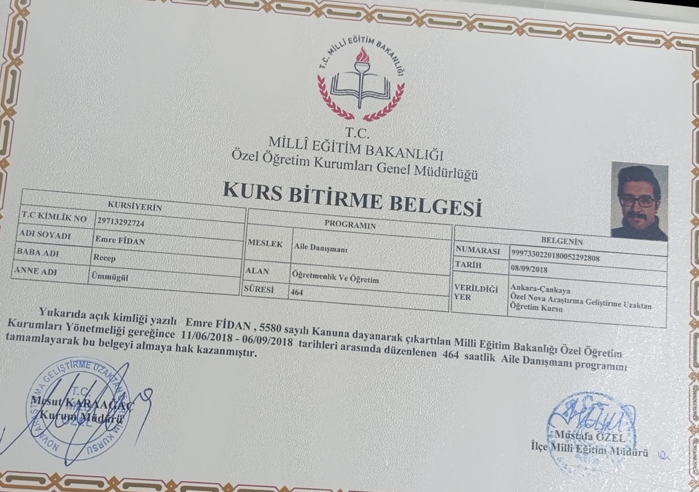 AİLE DANIŞMANLIĞI EĞİTİMİ sertifikası