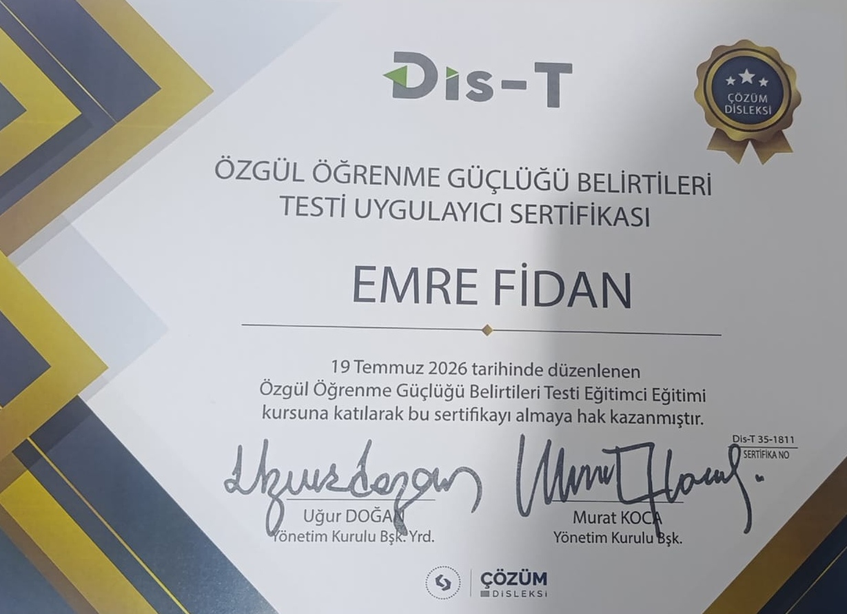 ÖZGÜL ÖĞRENME GÜÇLÜĞÜ BELİRTİLERİ TESTİ UYGULAYICI EĞİTİMİ sertifikası